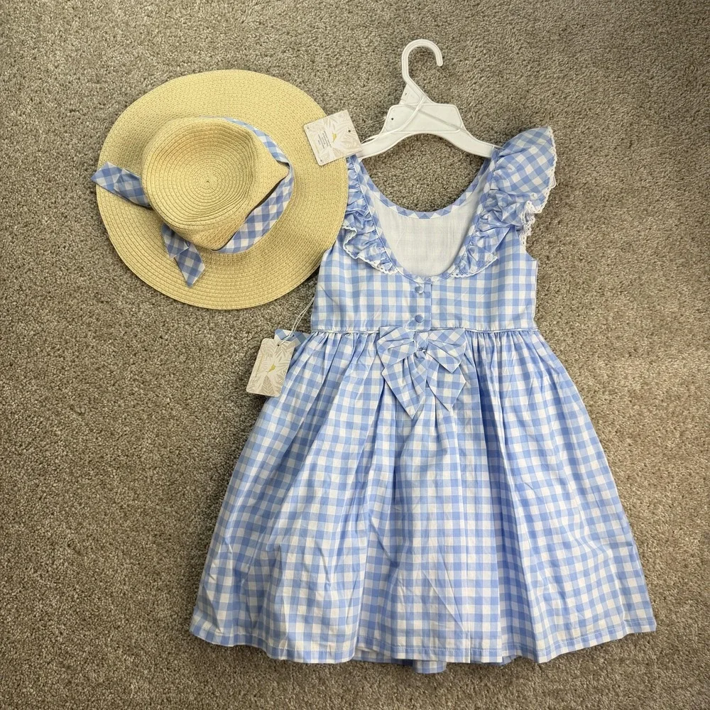 Tommy Bahama Dress Girls 7 Blue Gingham Sleeveless Ruffle Bow Hat Set Sundress